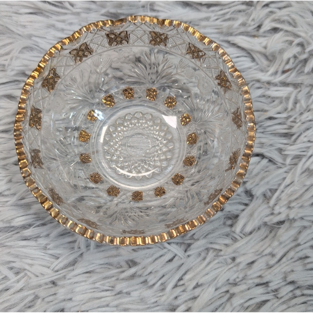 Vintage Pressed Glass Gold Rimmed Fancy Candy Dish Bowl Home Decor